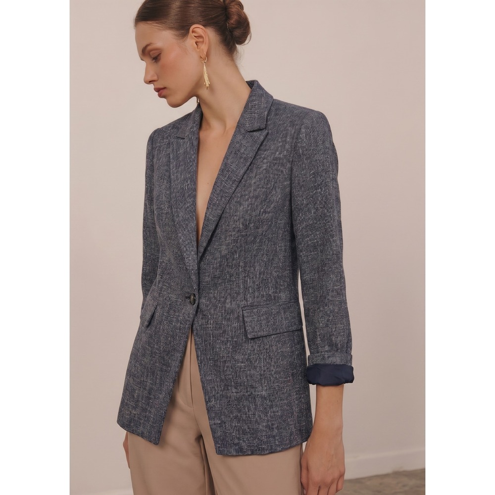 NWT WHBM Women's Gray Tweed Tailored One Button Blazer Sz 2 w/ Navy Accents